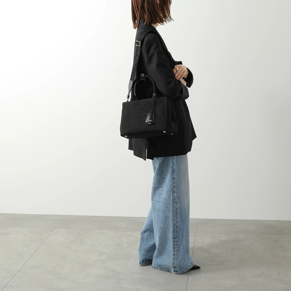 Prada Canapa Ricamo 2way Shoulder Bag Canvas Charm Embroidery Nero Black